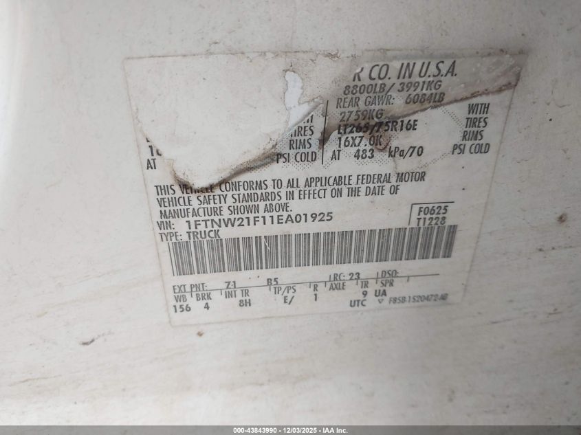 2001 Ford F-250 Lariat/Xl/Xlt VIN: 1FTNW21F11EA01925 Lot: 43843990