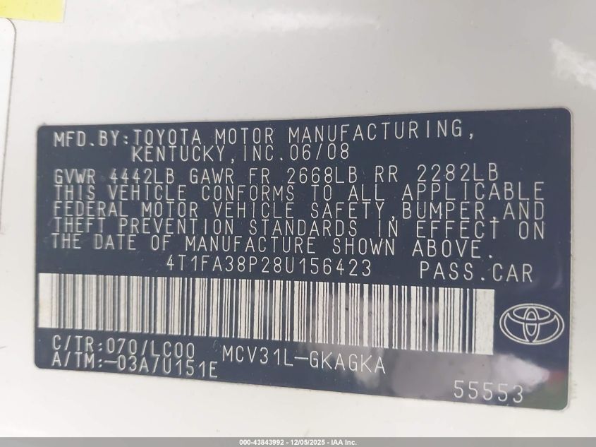 2008 Toyota Camry Solara Sle VIN: 4T1FA38P28U156423 Lot: 43843992