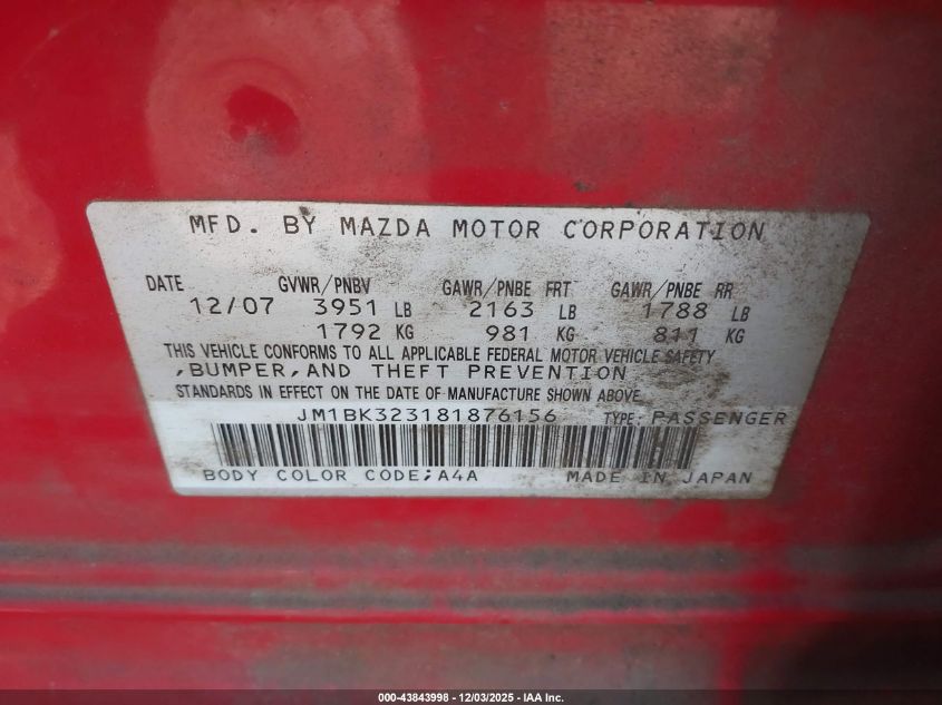 2008 Mazda Mazda3 S Sport VIN: JM1BK323181876156 Lot: 43843998
