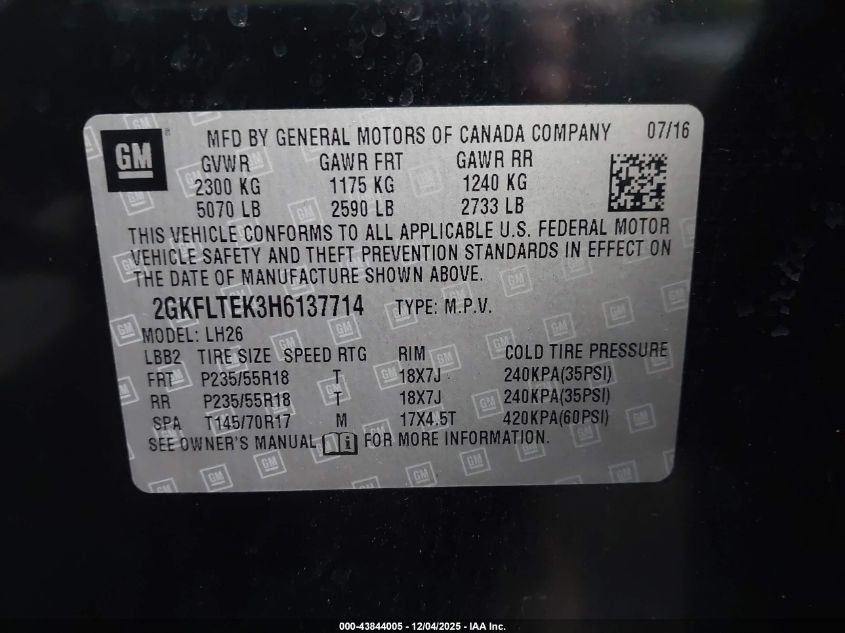 2017 GMC Terrain Sle-2 VIN: 2GKFLTEK3H6137714 Lot: 43844005