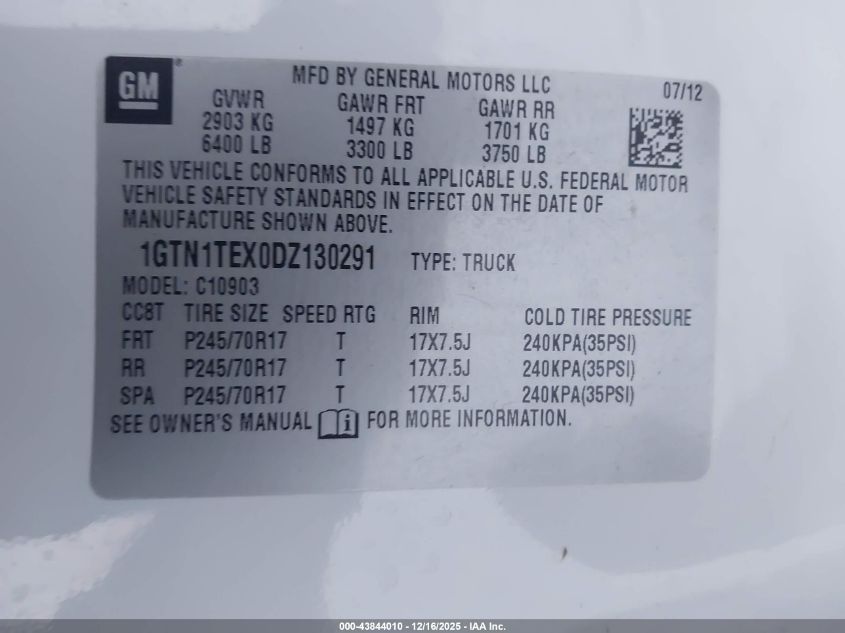 2013 GMC Sierra 1500 Work Truck VIN: 1GTN1TEX0DZ130291 Lot: 43844010