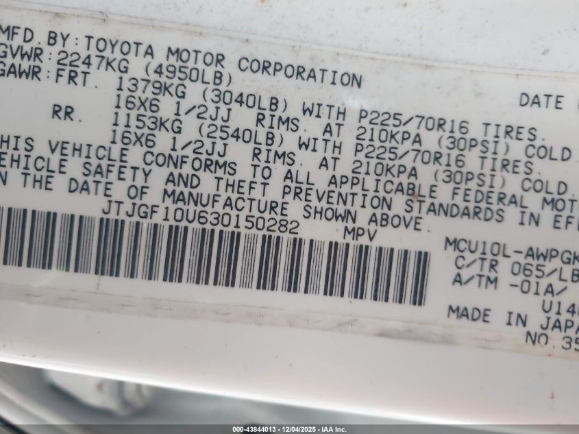 2003 Lexus Rx 300 VIN: JTJGF10U630150282 Lot: 43844013