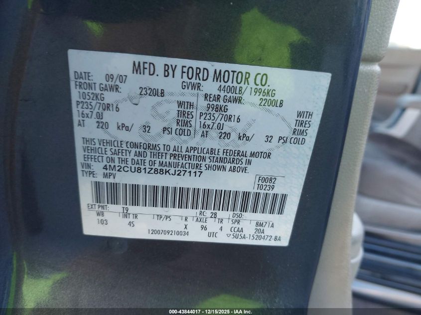 2008 Mercury Mariner I4 VIN: 4M2CU81Z88KJ27117 Lot: 43844017