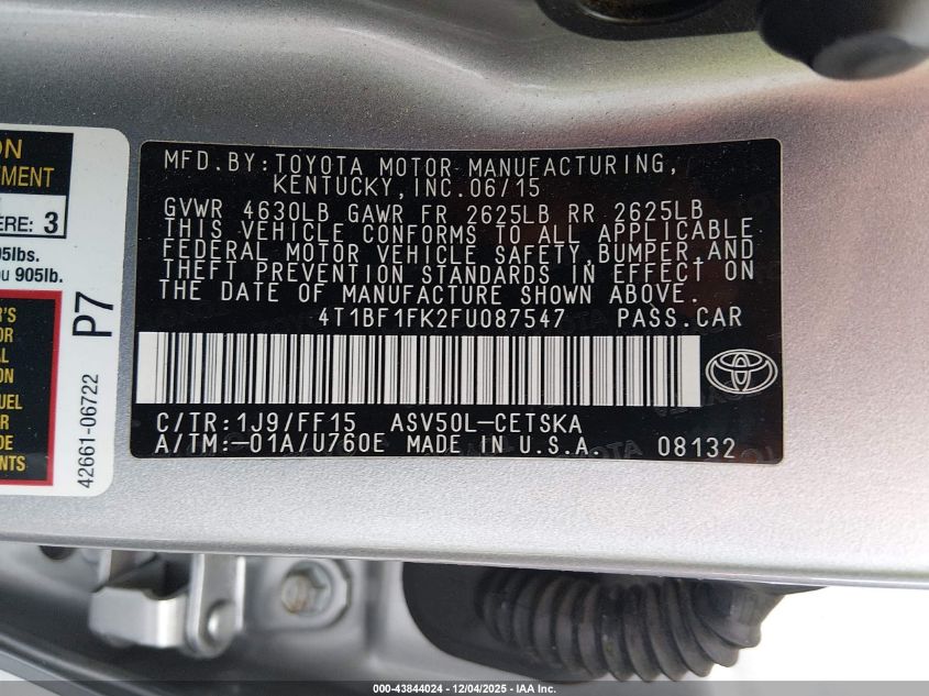 2015 Toyota Camry Se VIN: 4T1BF1FK2FU087547 Lot: 43844024