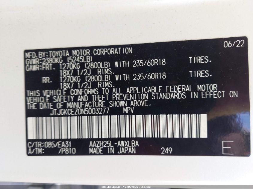 2022 Lexus Nx 350H Premium VIN: JTJGKCEZ0N5003277 Lot: 43844040