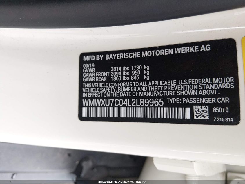 2020 Mini Hardtop Oxford Edition VIN: WMWXU7C04L2L89965 Lot: 43844056