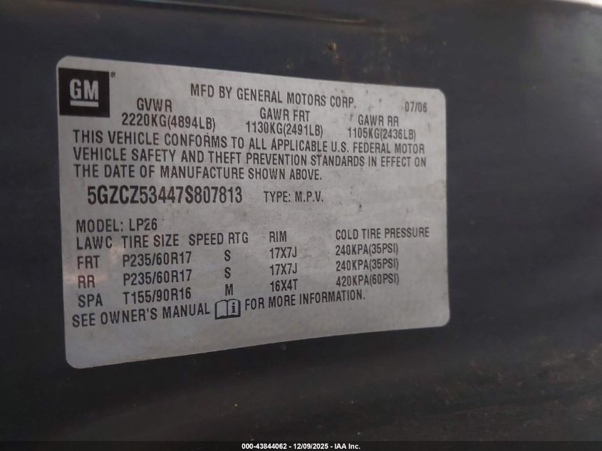 2007 Saturn Vue V6 VIN: 5GZCZ53447S807813 Lot: 43844062