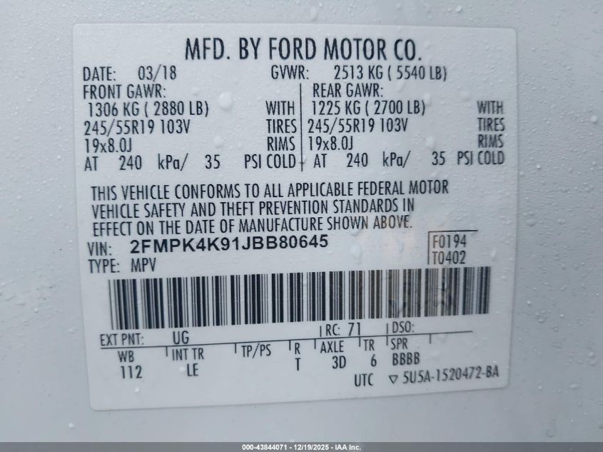 2018 Ford Edge Titanium VIN: 2FMPK4K91JBB80645 Lot: 43844071