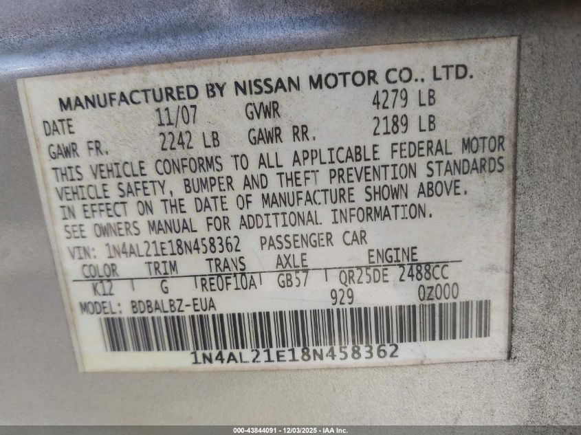 2008 Nissan Altima 2.5 S VIN: 1N4AL21E18N458362 Lot: 43844091
