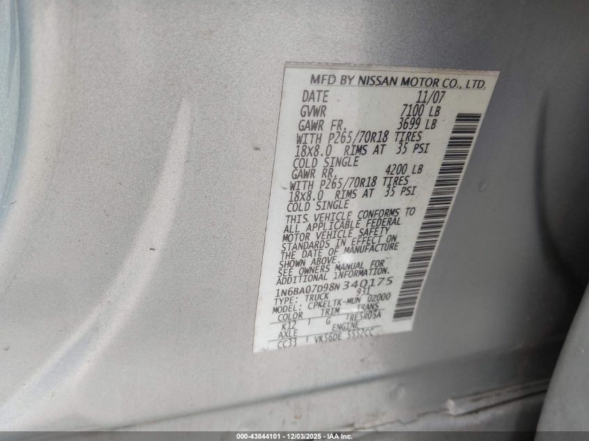 2008 Nissan Titan Xe VIN: 1N6BA07D98N340175 Lot: 43844101