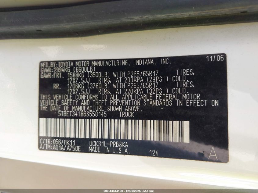 2006 Toyota Tundra Sr5 V8 VIN: 5TBET34186S558145 Lot: 43844100