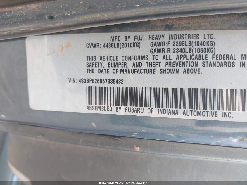 2005 Subaru Legacy 2.5I Limited VIN: 4S3BP626857338432 Lot: 43844129