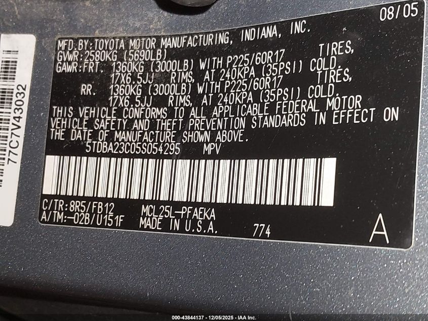 2005 Toyota Sienna Le VIN: 5TDBA23C05S054295 Lot: 43844137