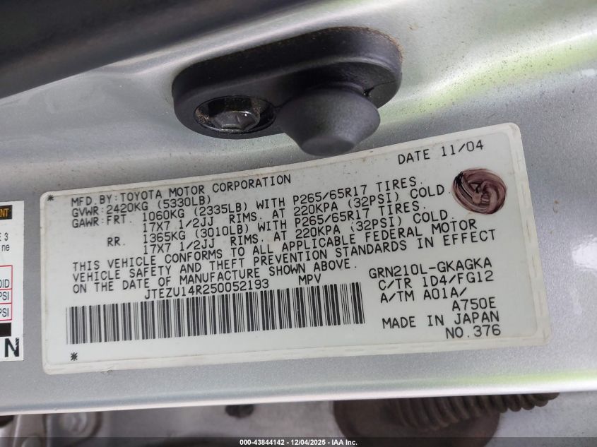 2005 Toyota 4Runner Sr5 V6 VIN: JTEZU14R250052193 Lot: 43844142