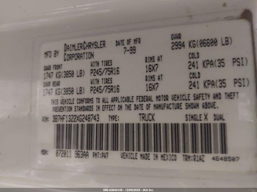 1999 Dodge Ram 1500 St VIN: 3B7HF13Z2XG248743 Lot: 43844149