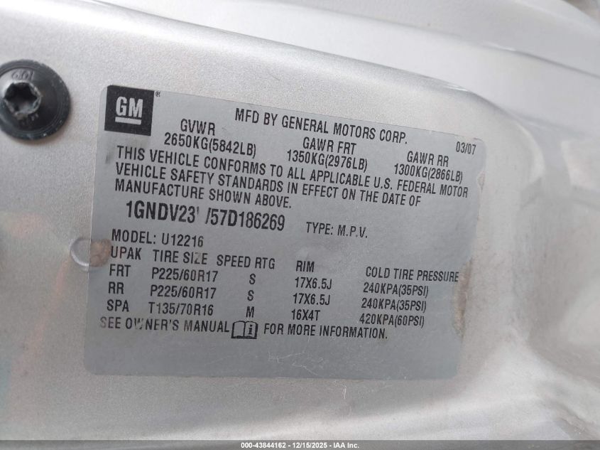 2007 Chevrolet Uplander Ls VIN: 1GNDV23W57D186269 Lot: 43844162