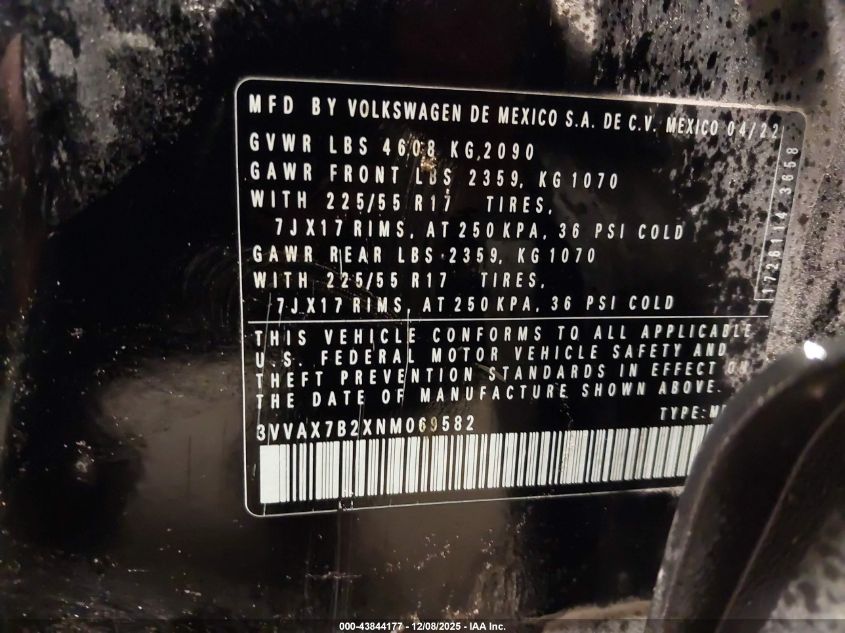 2022 Volkswagen Taos 1.5T S VIN: 3VVAX7B2XNM069582 Lot: 43844177
