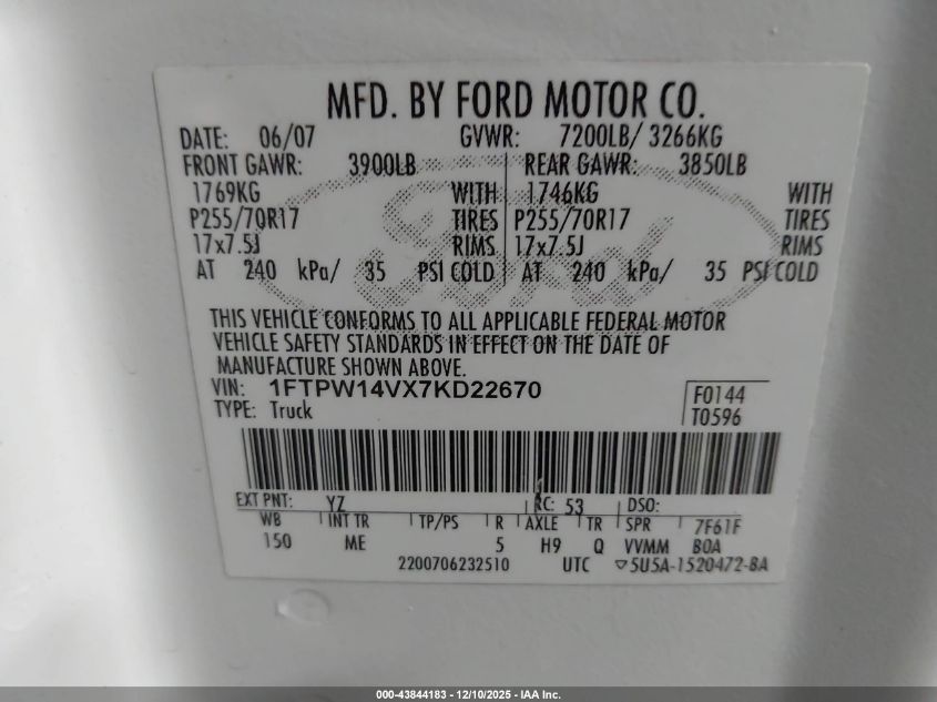 2007 Ford F-150 Fx4/Lariat/Xlt VIN: 1FTPW14VX7KD22670 Lot: 43844183