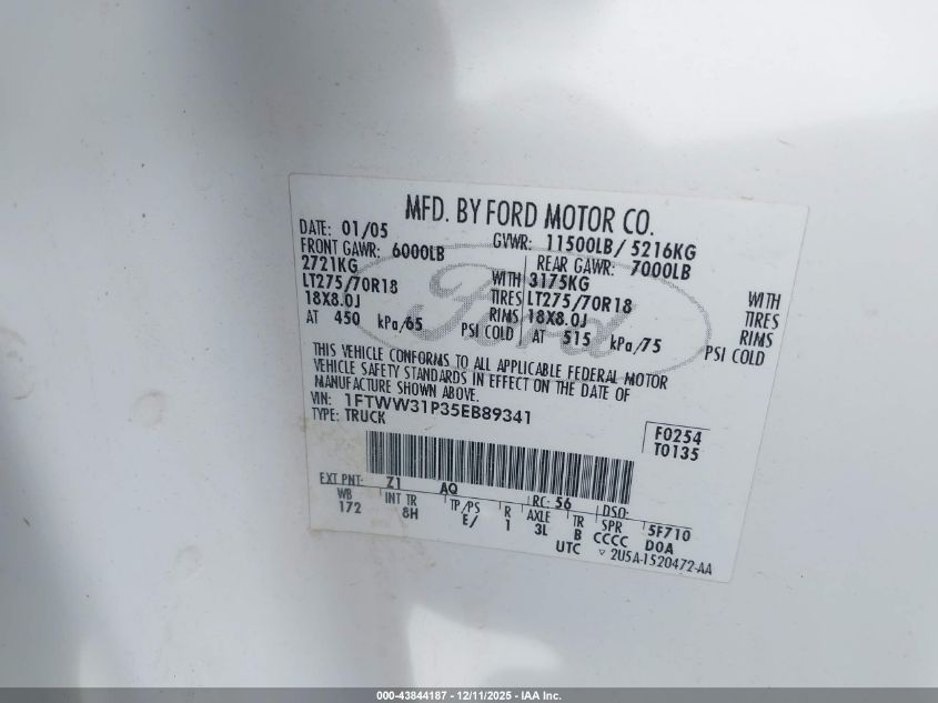 2005 Ford F-350 Lariat/Xl/Xlt VIN: 1FTWW31P35EB89341 Lot: 43844187