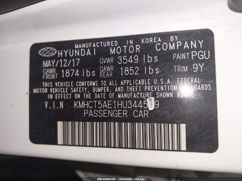 2017 Hyundai Accent Se VIN: KMHCT5AE1HU344559 Lot: 43844190