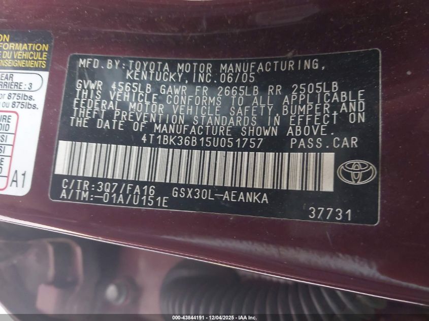 2005 Toyota Avalon Xl VIN: 4T1BK36B15U051757 Lot: 43844191