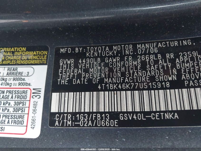 2007 Toyota Camry Le V6 VIN: 4T1BK46K77U515918 Lot: 43844193