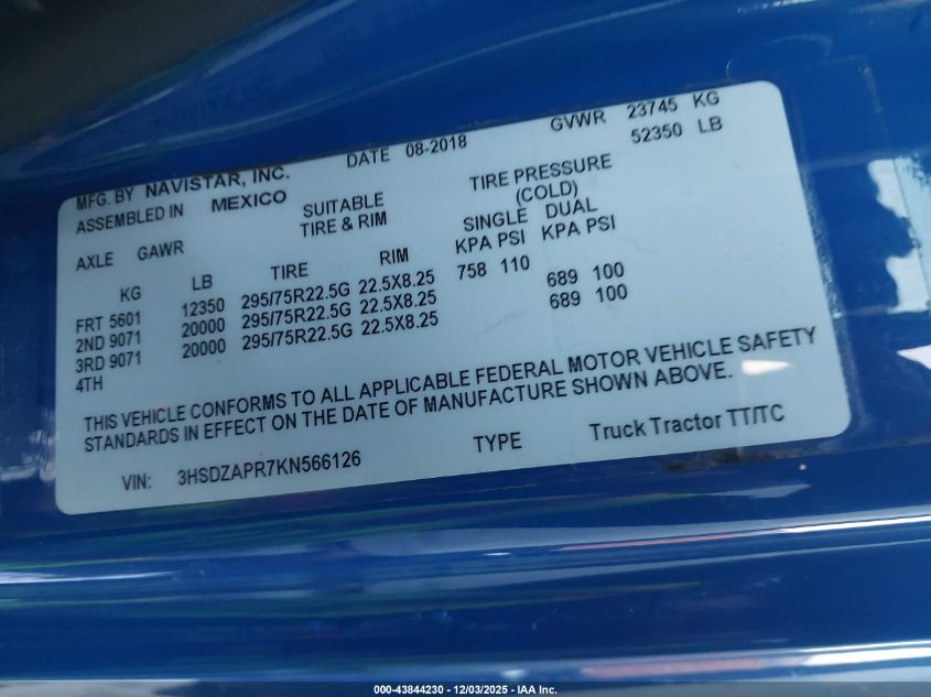 2019 International Lt VIN: 3HSDZAPR7KN566126 Lot: 43844230
