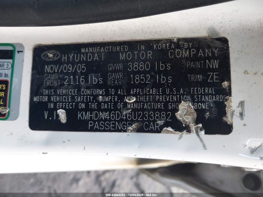 2006 Hyundai Elantra Gls/Limited VIN: KMHDN46D46U233882 Lot: 43844253