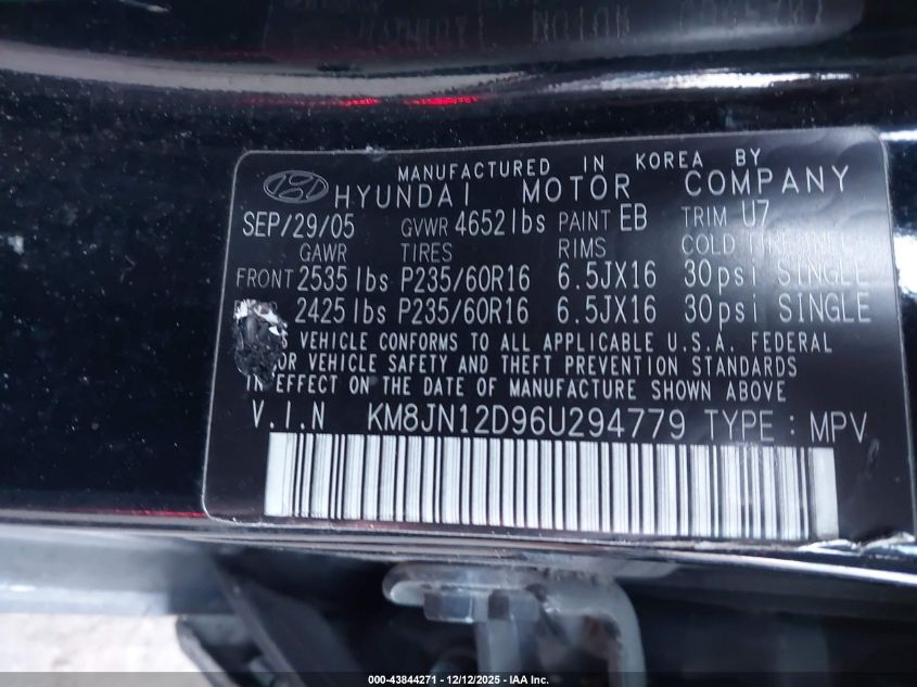 2006 Hyundai Tucson Gls/Limited VIN: KM8JN12D96U294779 Lot: 43844271