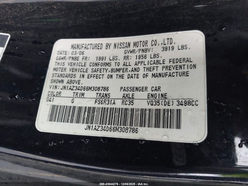 2006 Nissan 350Z Touring VIN: JN1AZ34D66M308786 Lot: 43844276