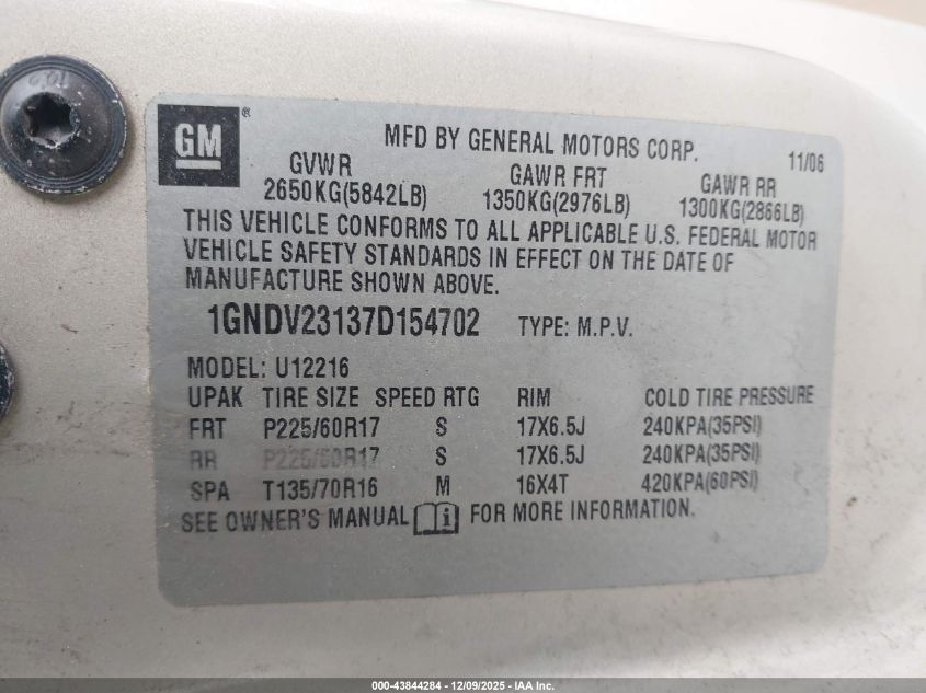 2007 Chevrolet Uplander Ls VIN: 1GNDV23137D154702 Lot: 43844284