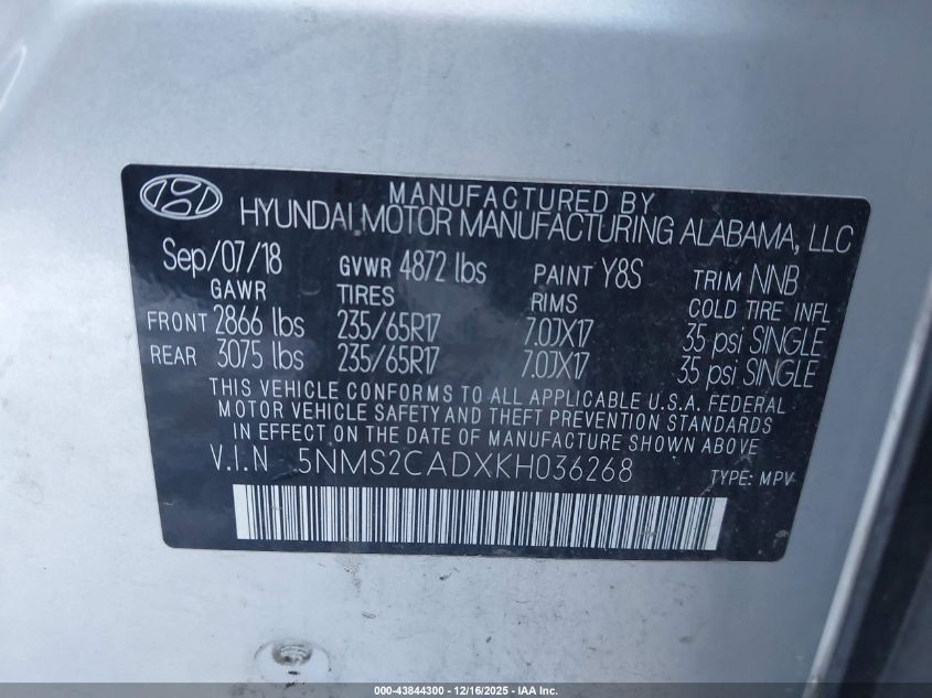 2019 Hyundai Santa Fe Se VIN: 5NMS2CADXKH036268 Lot: 43844300