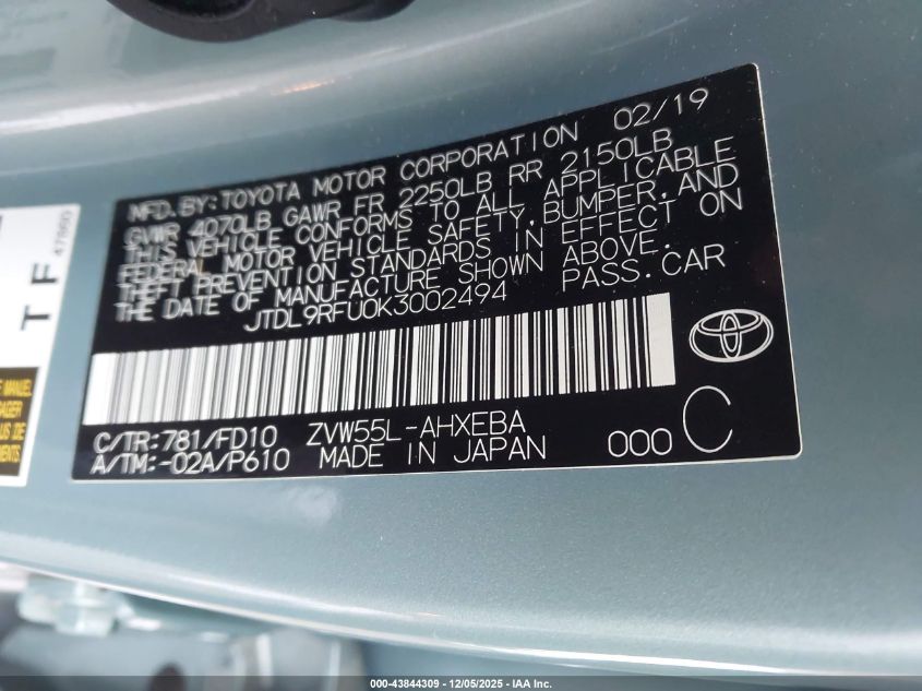 2019 Toyota Prius Le VIN: JTDL9RFU0K3002494 Lot: 43844309
