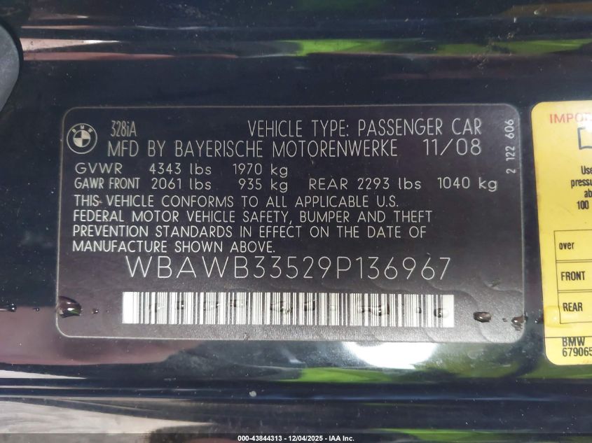 2009 BMW 328I VIN: WBAWB33529P136967 Lot: 43844313