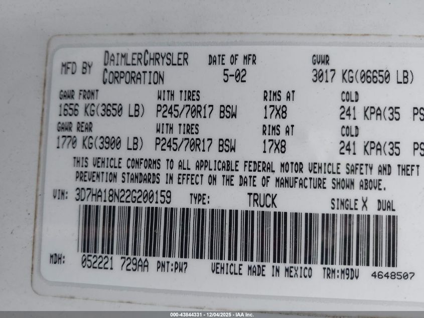 2002 Dodge Ram 1500 St VIN: 3D7HA18N22G200159 Lot: 43844331