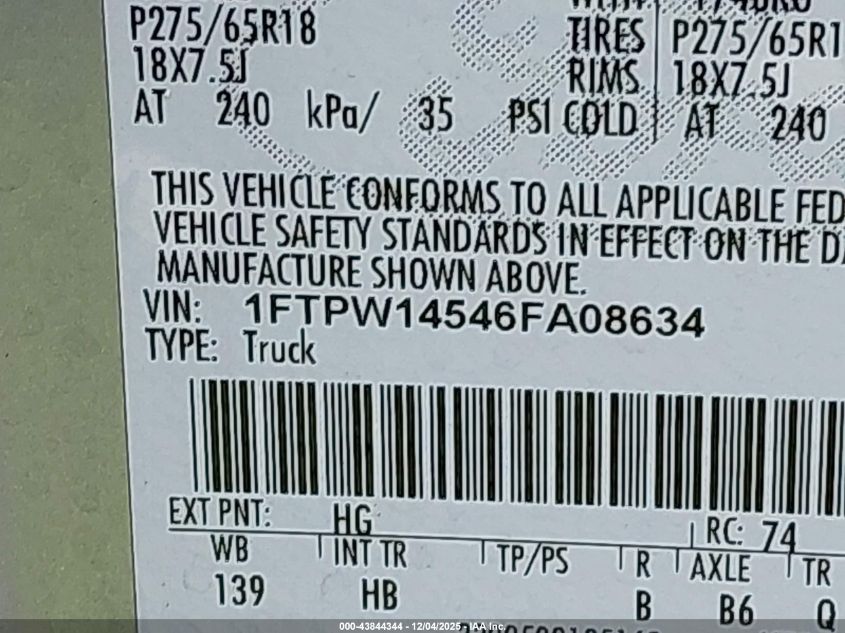 2006 Ford F-150 Fx4/Lariat/Xlt VIN: 1FTPW14546FA08634 Lot: 43844344