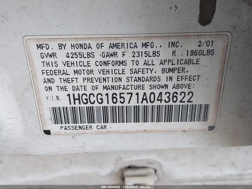 2001 Honda Accord 3.0 Ex VIN: 1HGCG16571A043622 Lot: 43844362