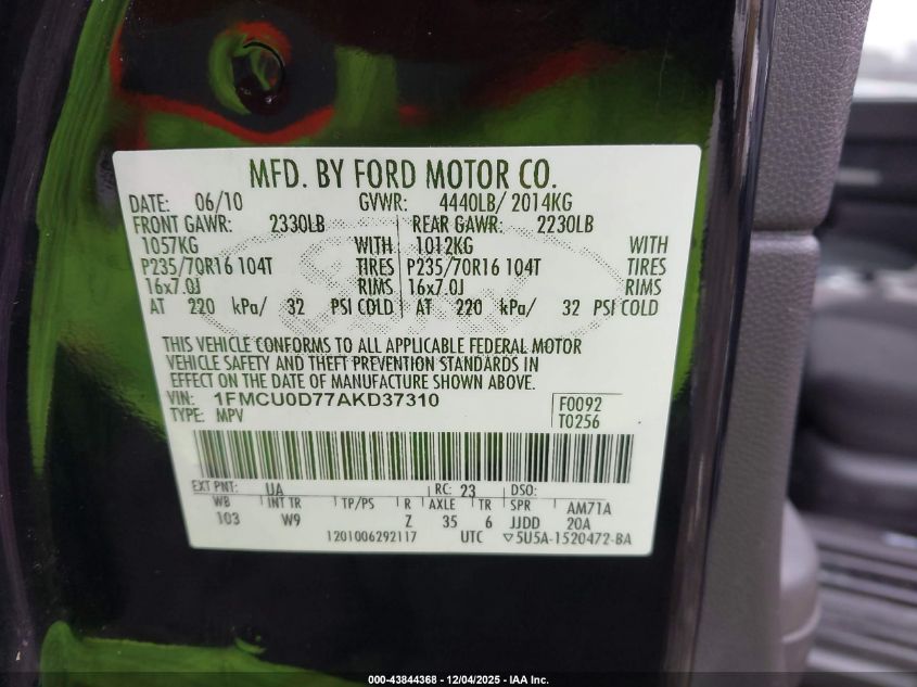 2010 Ford Escape Xlt VIN: 1FMCU0D77AKD37310 Lot: 43844368