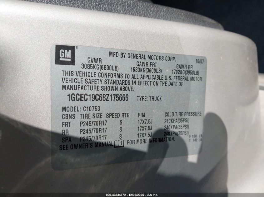 2008 Chevrolet Silverado 1500 Lt1 VIN: 1GCEC19C68Z175666 Lot: 43844372
