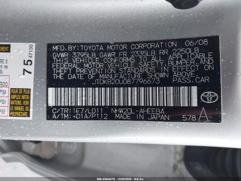 2008 Toyota Prius VIN: JTDKB20U087796673 Lot: 43844376