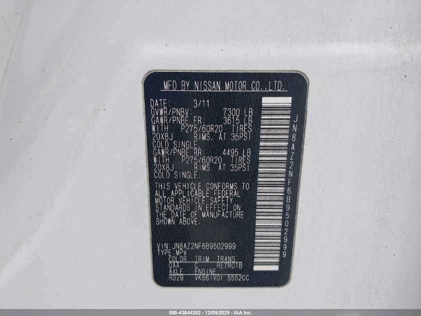 2011 Infiniti Qx56 VIN: JN8AZ2NF6B9502999 Lot: 43844382