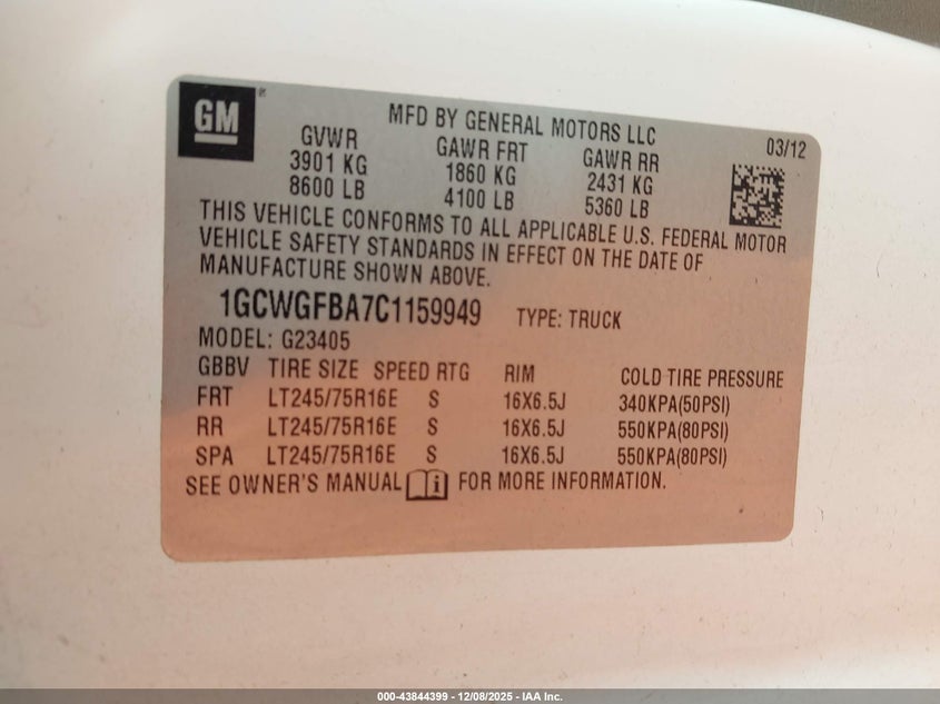 1GCWGFBA7C1159949 2012 CHEVROLET EXPRESS photo no. 9