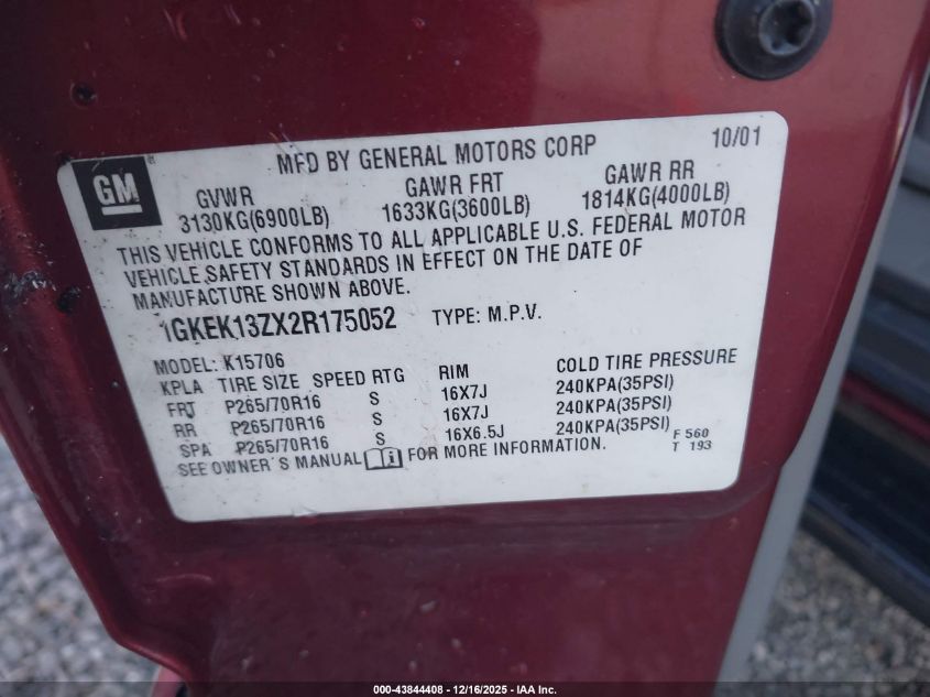 2002 GMC Yukon Slt VIN: 1GKEK13ZX2R175052 Lot: 43844408