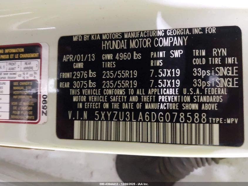 2013 Hyundai Santa Fe Sport 2.0T VIN: 5XYZU3LA6DG078588 Lot: 43844413