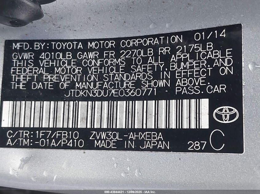 2014 Toyota Prius Two VIN: JTDKN3DU7E0360771 Lot: 43844421