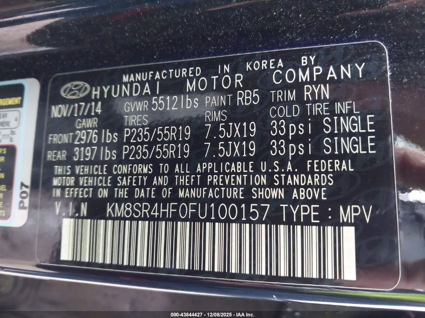 2015 Hyundai Santa Fe Limited VIN: KM8SR4HF0FU100157 Lot: 43844427