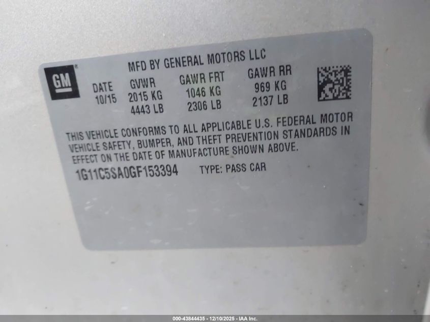 2016 Chevrolet Malibu Limited Lt VIN: 1G11C5SA0GF153394 Lot: 43844435