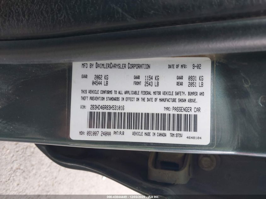 2003 Dodge Intrepid VIN: 2B3KD46R83K531016 Lot: 43844449