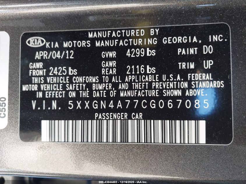 2012 Kia Optima Ex VIN: 5XXGN4A77CG067085 Lot: 43844483