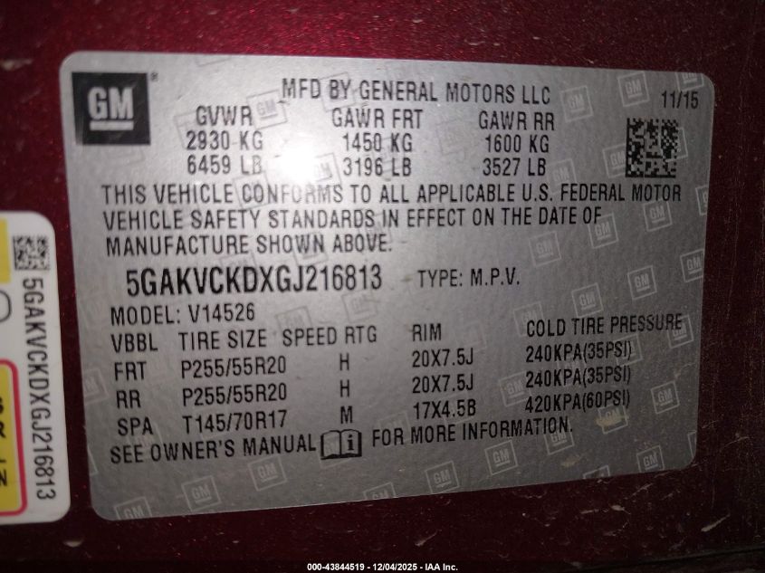 2016 Buick Enclave Premium VIN: 5GAKVCKDXGJ216813 Lot: 43844519